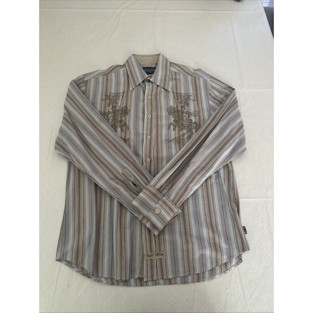 English Laundry Mens Large Beige Embroidered Horse And Knight Button Up Shirt